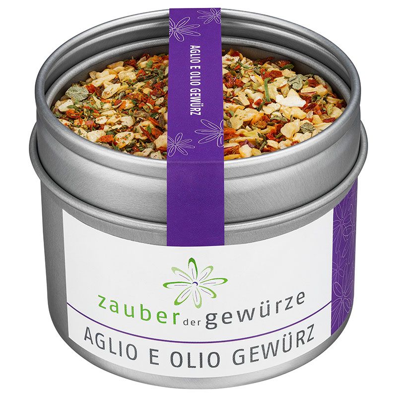 Gewürzdose mit Aglio e Olio Gewürz. Dose aus Metall, lila Etikett mit Produktnamen und Logo.