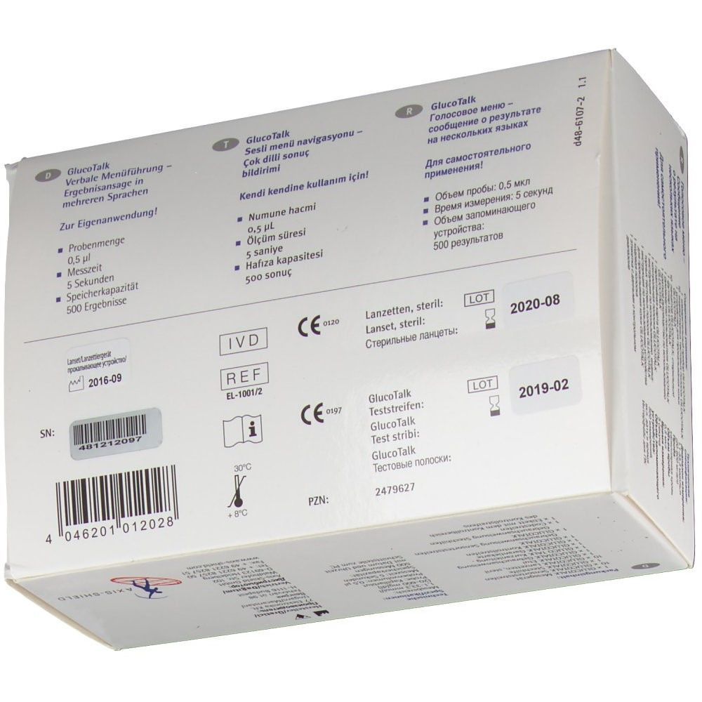 Rückseite der GLUCO TALK Set Verpackung. Aufgedruckt: Produktinformationen, Chargennummern, Logos und Text.