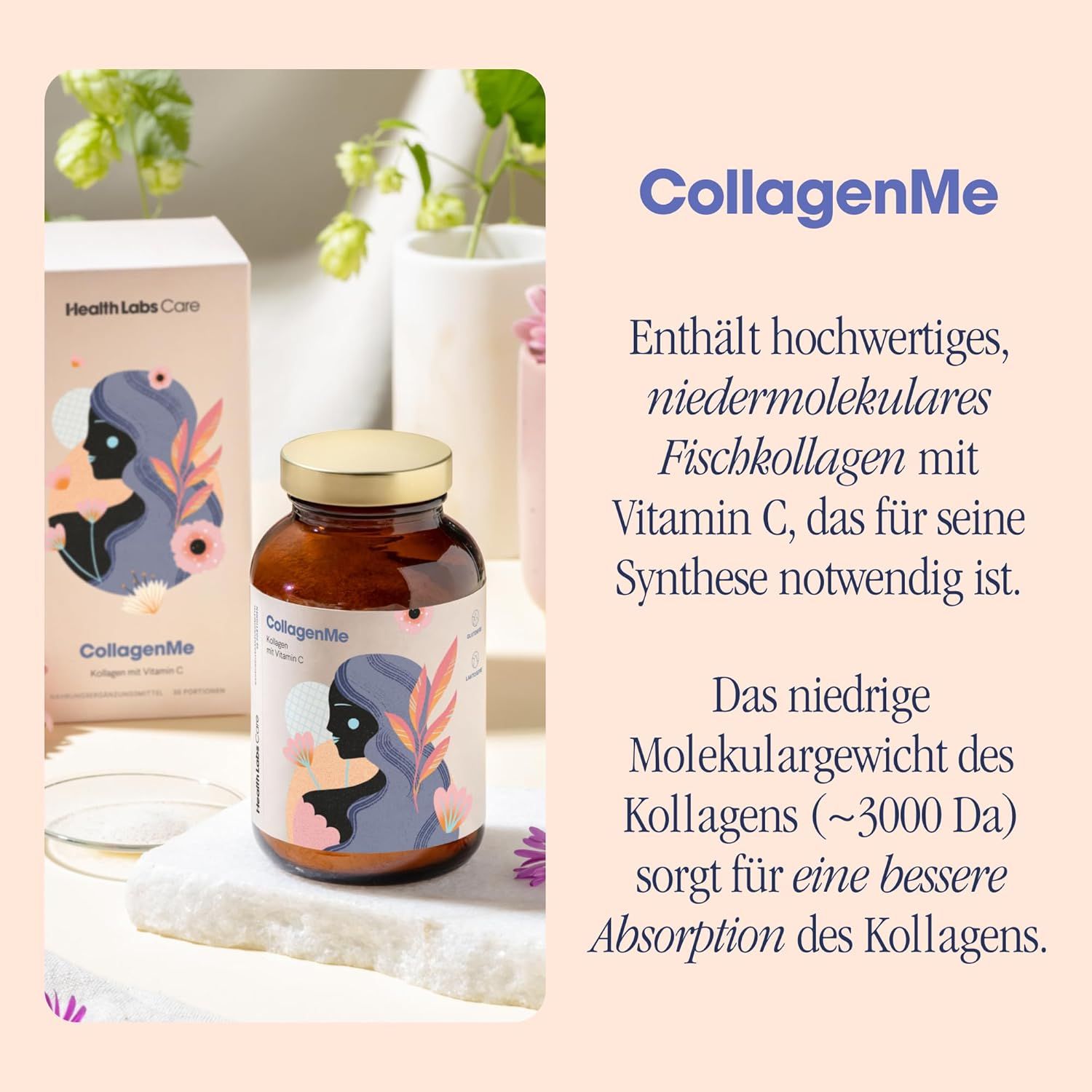 Braune Glasflasche und Schachtel mit Produktetikett. Text: CollagenMe. Aufschrift: Health Labs Care. Auf dem Etikett: Frau mit Blumen.