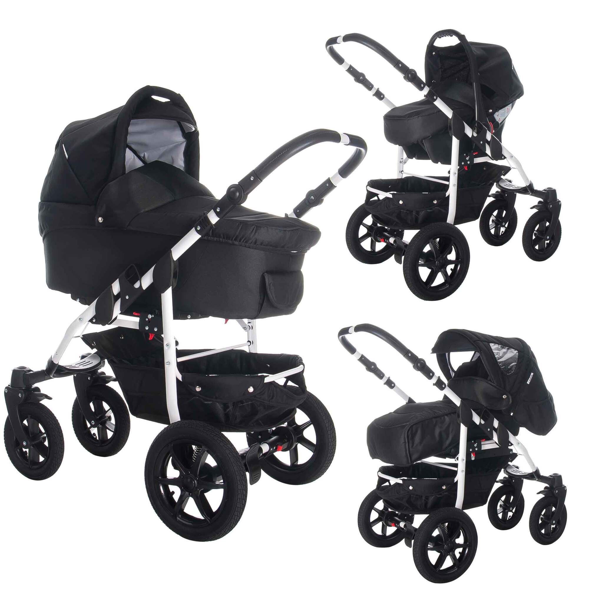 Kinderwagen, schwarz mit weißen Elementen. Vier Räder, Korb, verstellbarer Griff, Sonnenverdeck.