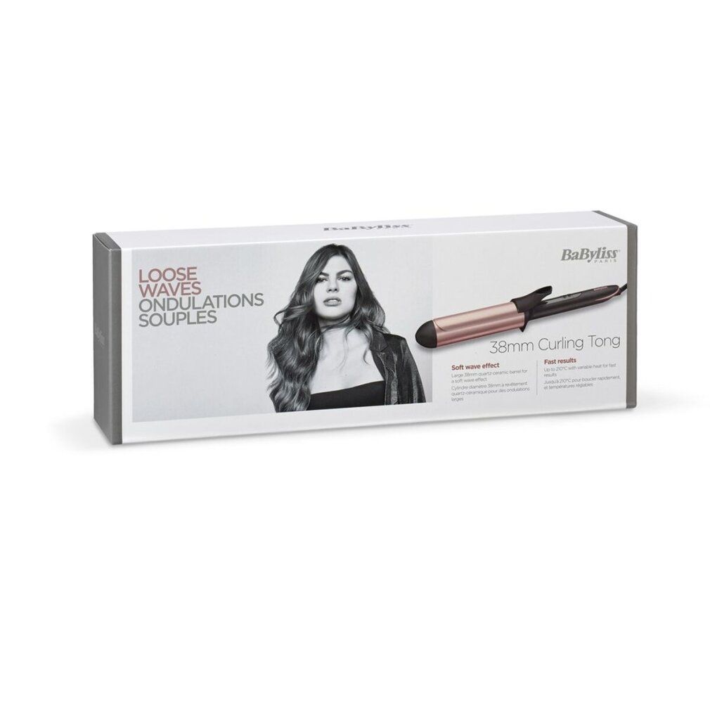Lockenstab mit roségoldfarbenem Zylinder und schwarzem Griff. Verpackung mit Produktabbildung und Text.