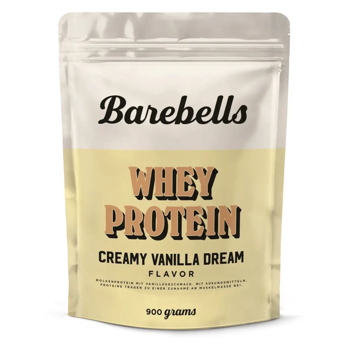 Beutel mit Barebells Whey Protein. Aufschrift: Whey Protein, Creamy Vanilla Dream, 900 Gramm. Produktverpackung.