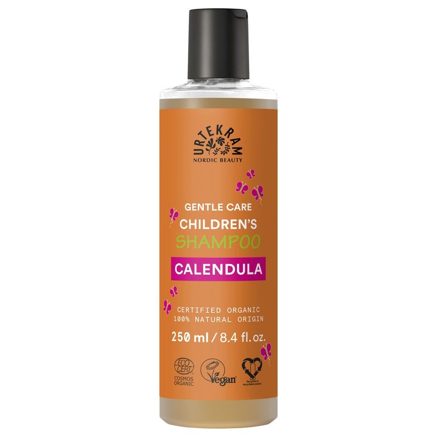Flasche Kinder-Shampoo mit schwarzem Deckel. Aufschrift: Calendula, Gentle Care, Children's Shampoo. Bio-Zertifizierung.