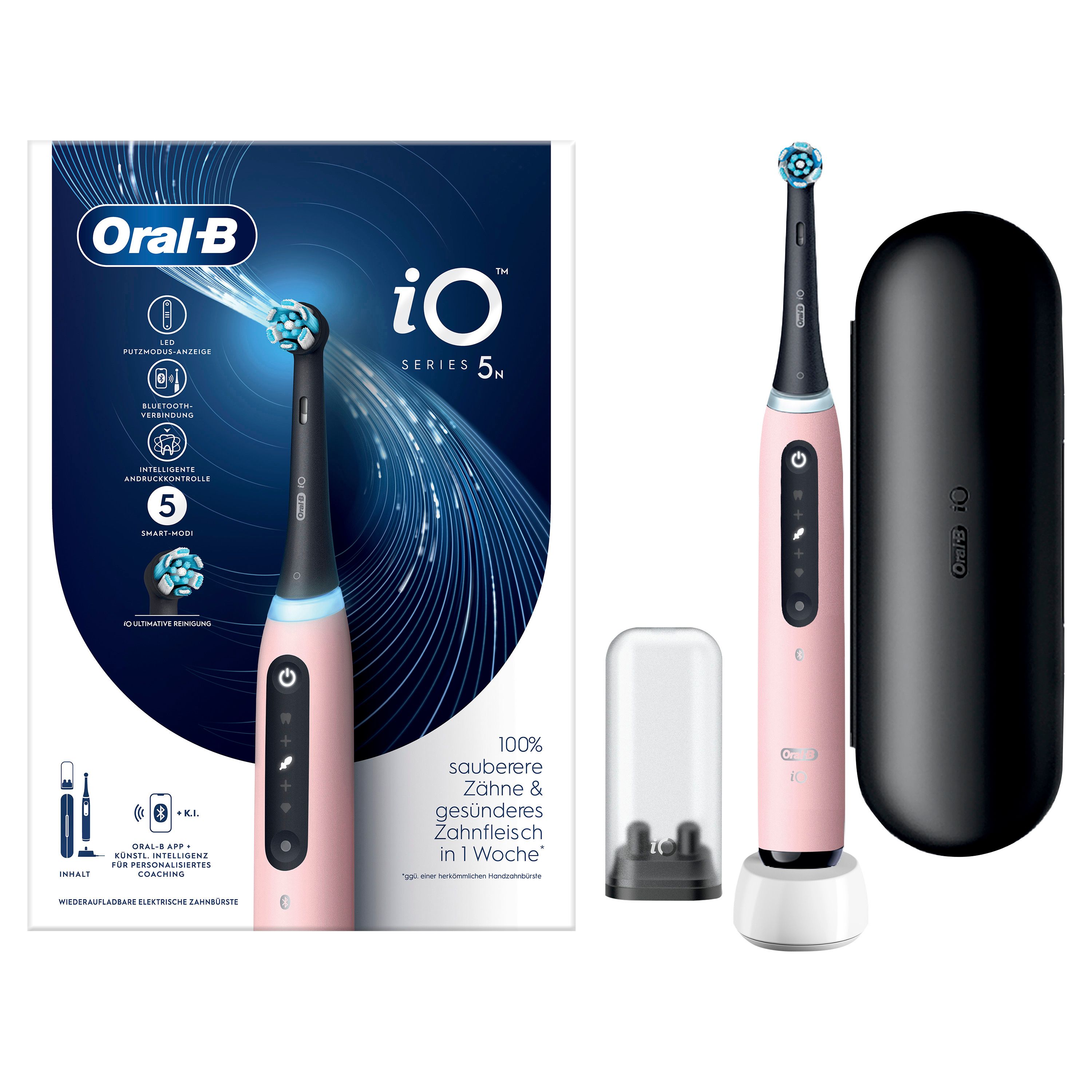 Elektrische Zahnbürste, rosa, mit Ladestation, Reiseetui und Verpackung. Marke: Oral-B iO Series 5.