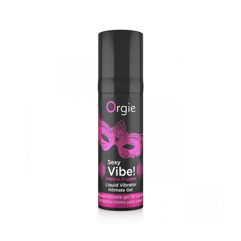 Orgies Sexy Vibe! Intense Orgasm. Schwarze Flasche mit pinkfarbenem Etikett und Maskenmotiv. Produktname und Marke sichtbar.
