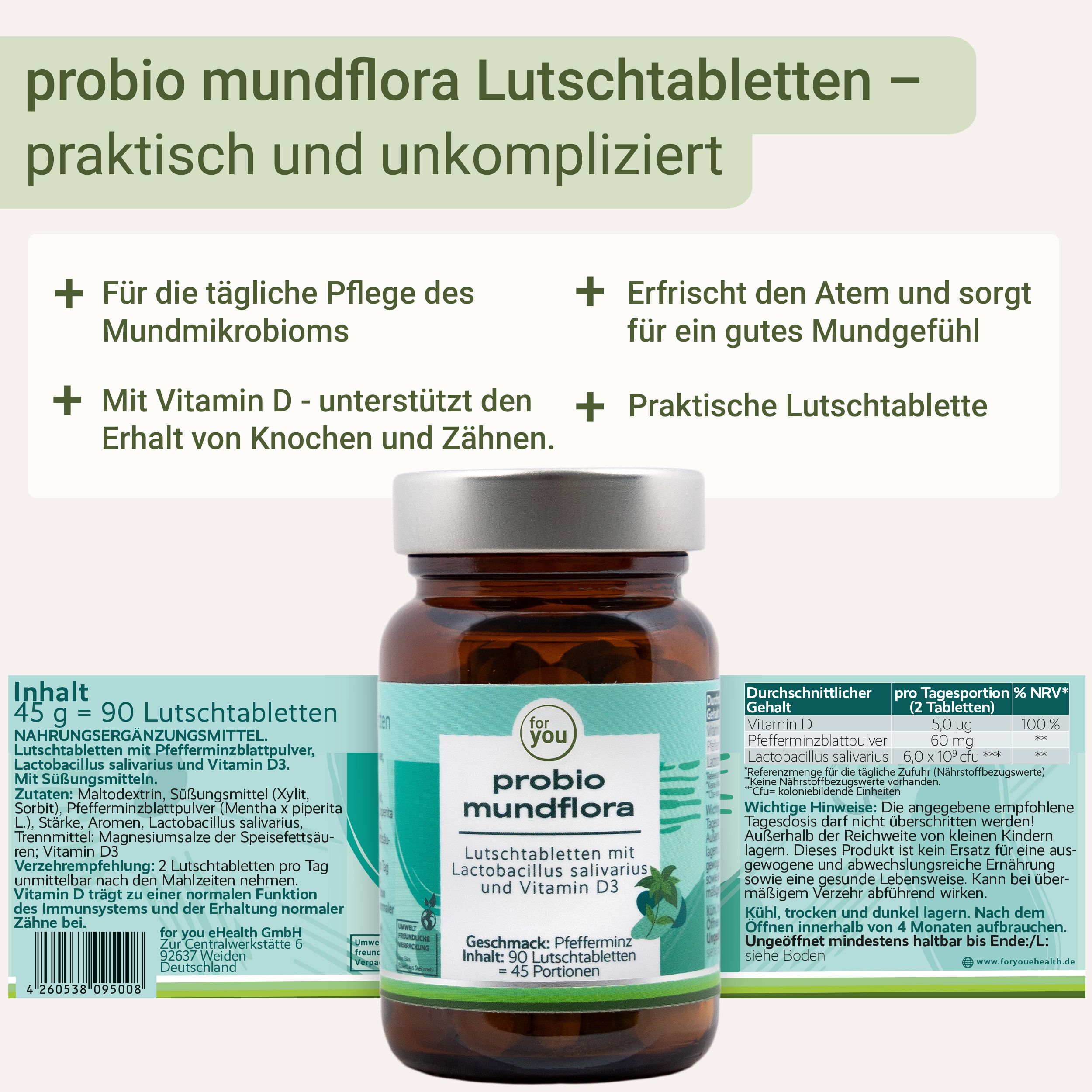 Rückseite einer Flasche Probio Mundflora mit Nährwertangaben und Produktinformationen.