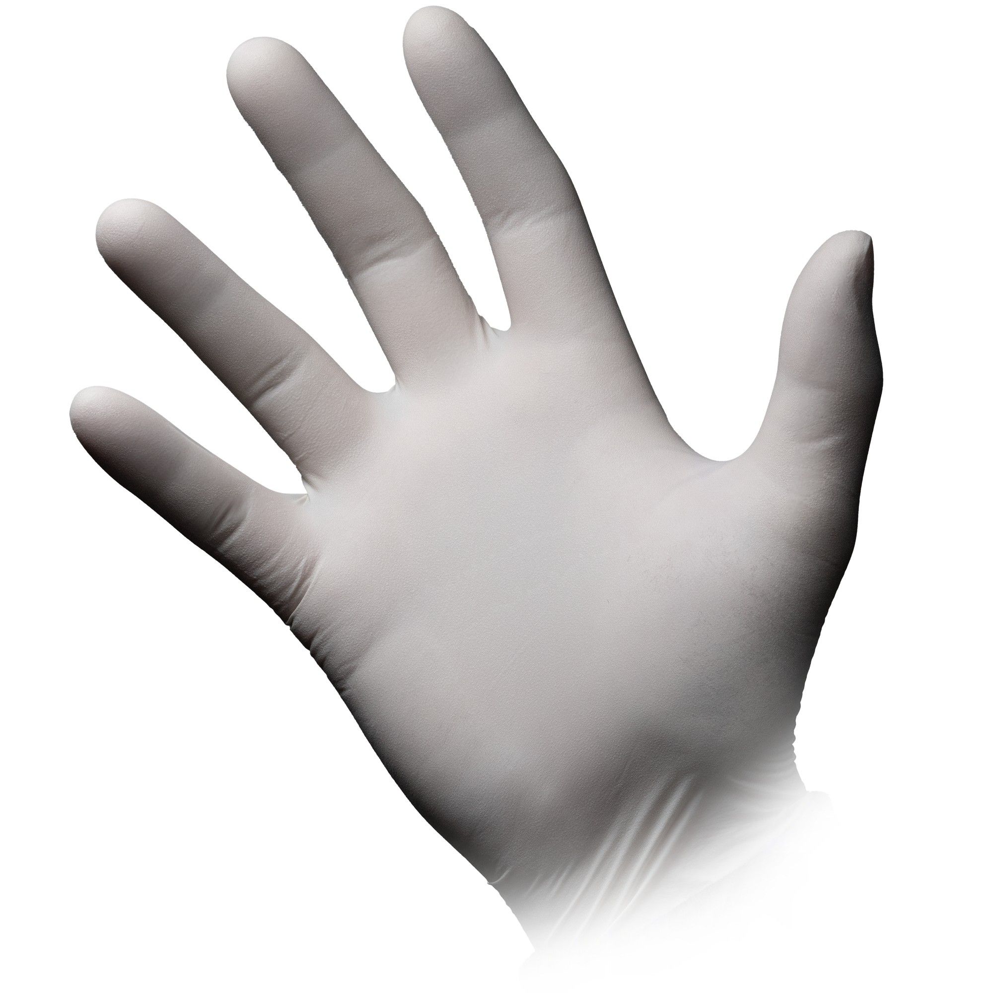 Eine Hand trägt einen weißen, puderfreien Latex-Einweghandschuh.
