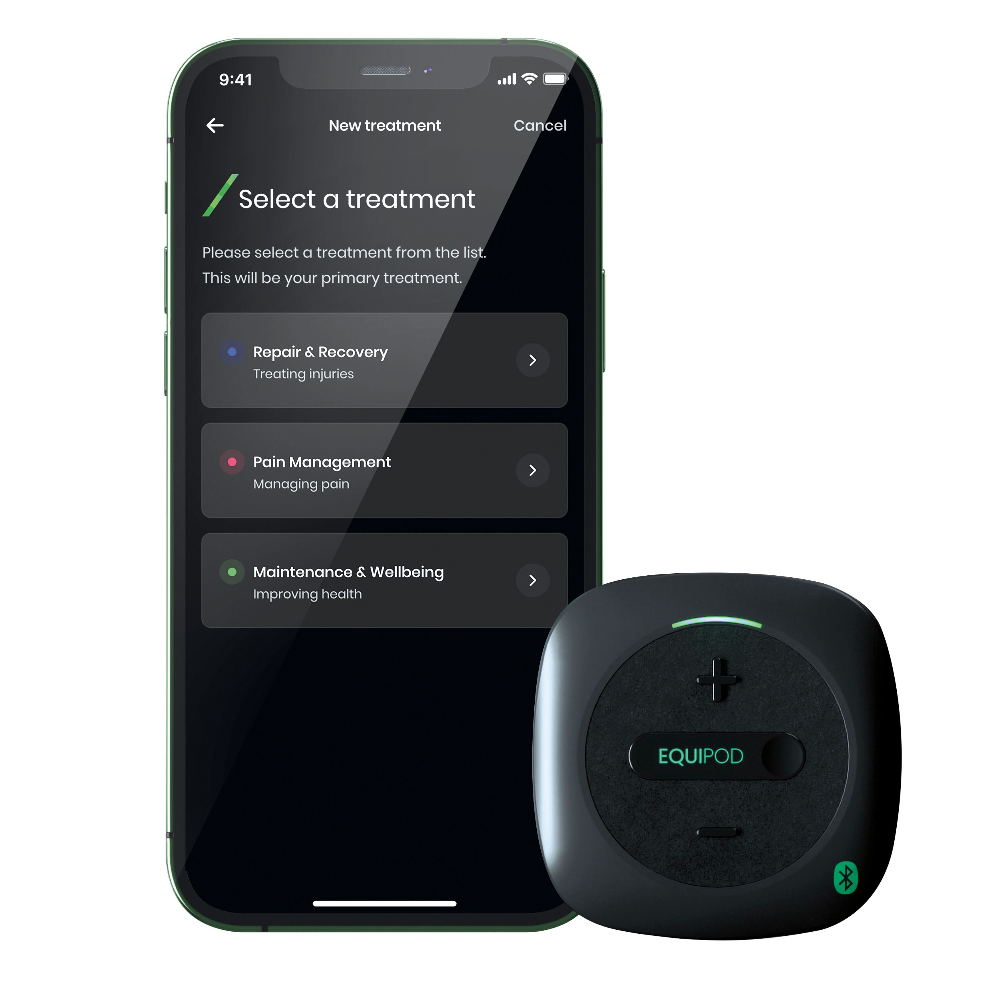 Smartphone mit EquiPod-App. Zeigt Behandlungsoptionen an. Ein schwarzes EquiPod-Gerät liegt daneben.
