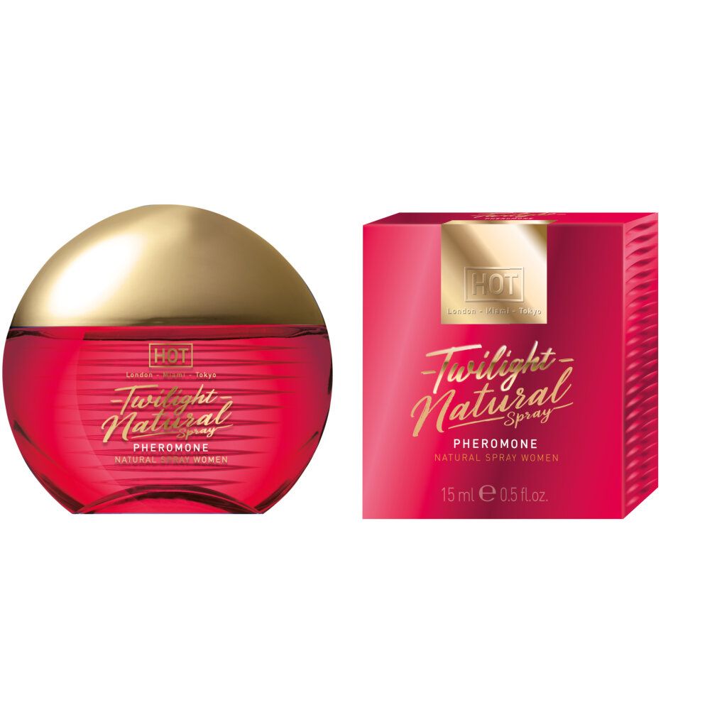 Rote Flasche und Schachtel. Aufschrift: Twilight Natural Spray, Pheromone. Goldfarbener Deckel. 15 ml.