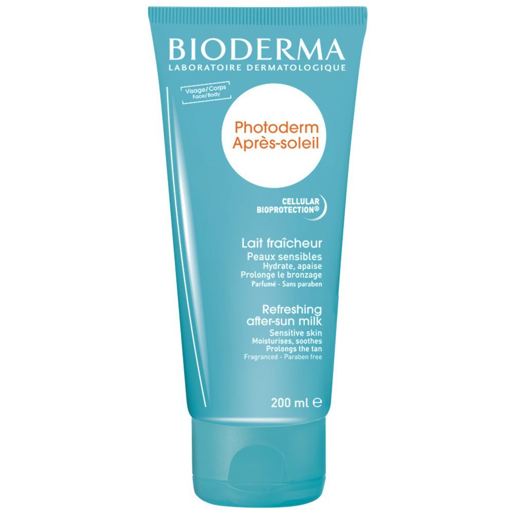 Blaue Tube mit BIODERMA-Logo und "Photoderm Après-soleil". Text: "Lait fraîcheur". 200 ml.