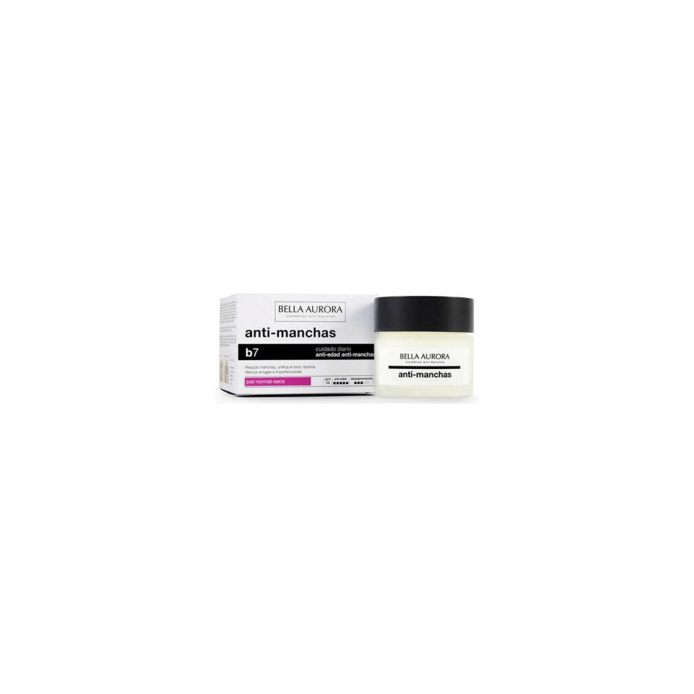 Bella Aurora Anti-Manchas b7 Creme in einem weißen Tiegel mit schwarzem Deckel und Verpackung.