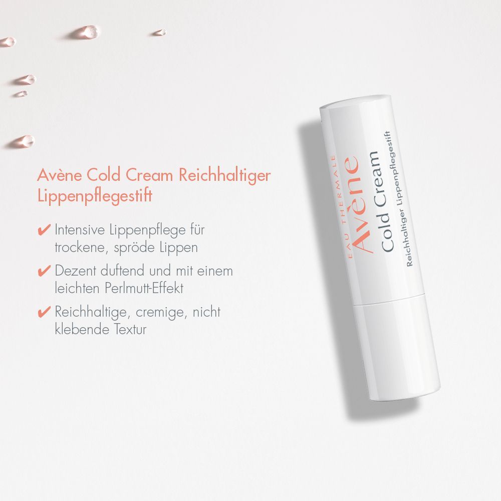 Weißer Lippenpflegestift mit orangefarbener Schrift. Produktname: Avène Cold Cream Reichhaltiger Lippenpflegestift.