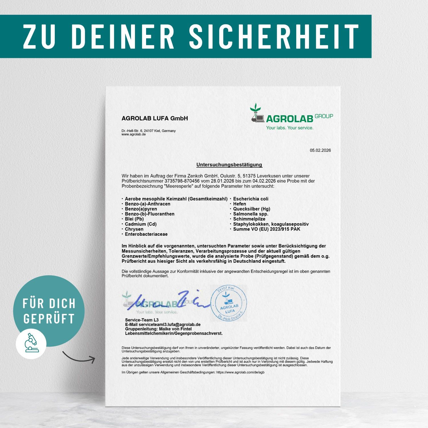 Zertifizierungsdokument von Agrolab LUFA GmbH. Text: Untersuchungsergebnis. Geprüft für dich.