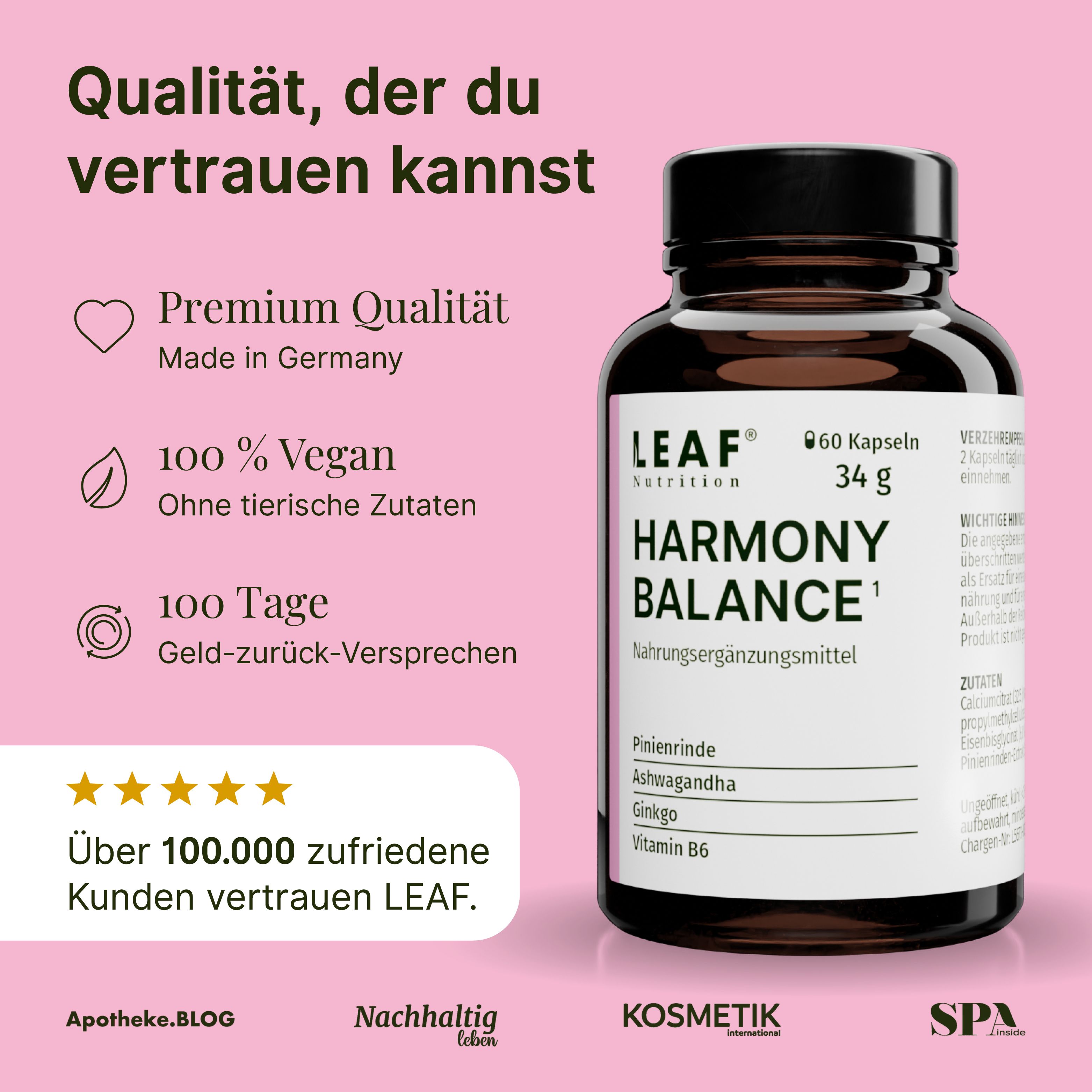 Produktflasche mit schwarzem Deckel. Aufschrift: LEAF, Harmony Balance. Zusätzliche Informationen: Premium Qualität, vegan, 100 Tage Geld-zurück-Garantie.