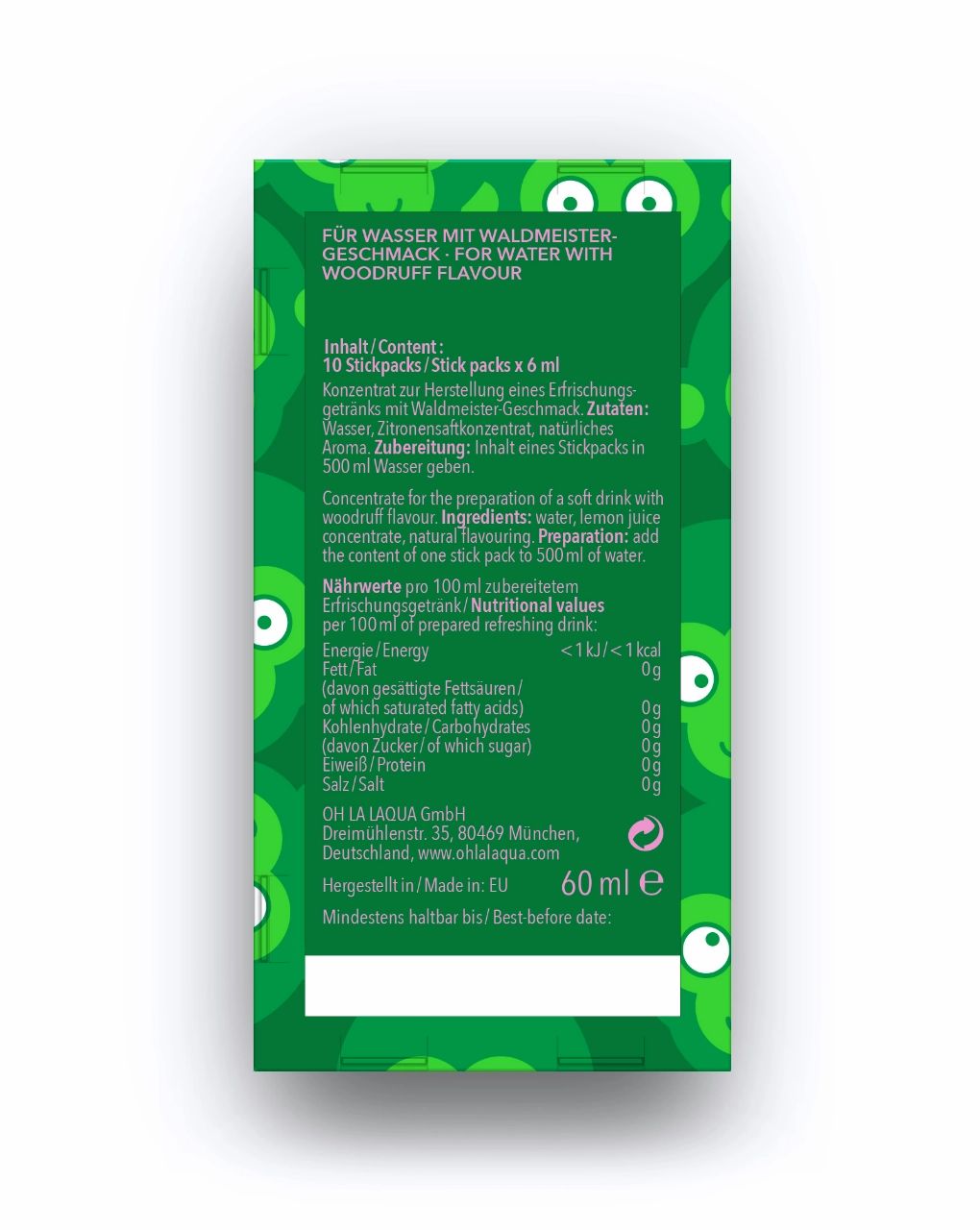 Rückseite der grünen Verpackung. Text: "Für Wasser mit Waldmeister-Geschmack". Enthält Nährwertangaben und Herstellerinformationen.