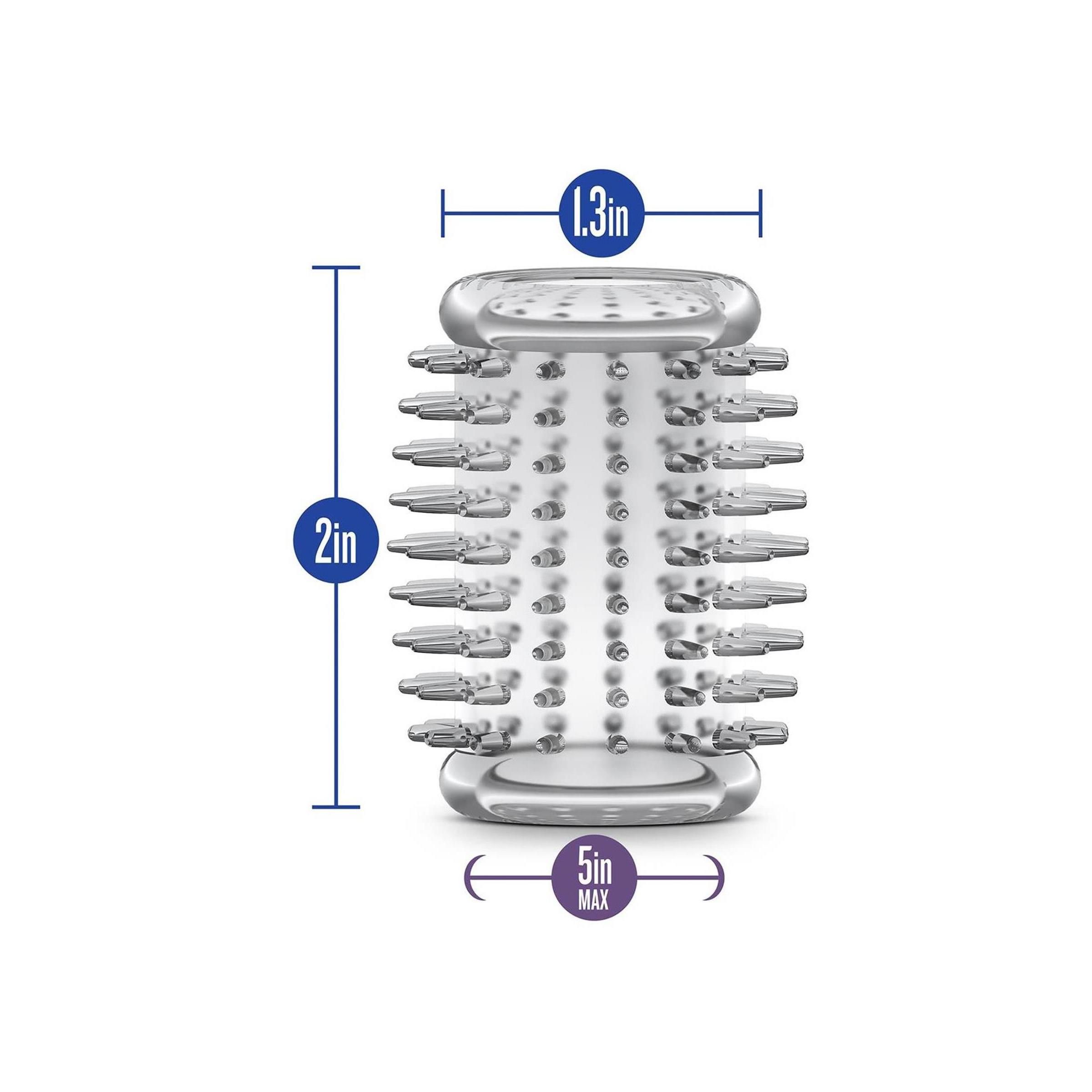 Transparenter Sleeve mit Noppen, mit Maßangaben: 2 Zoll hoch, 1,3 Zoll breit, 5 Zoll max.