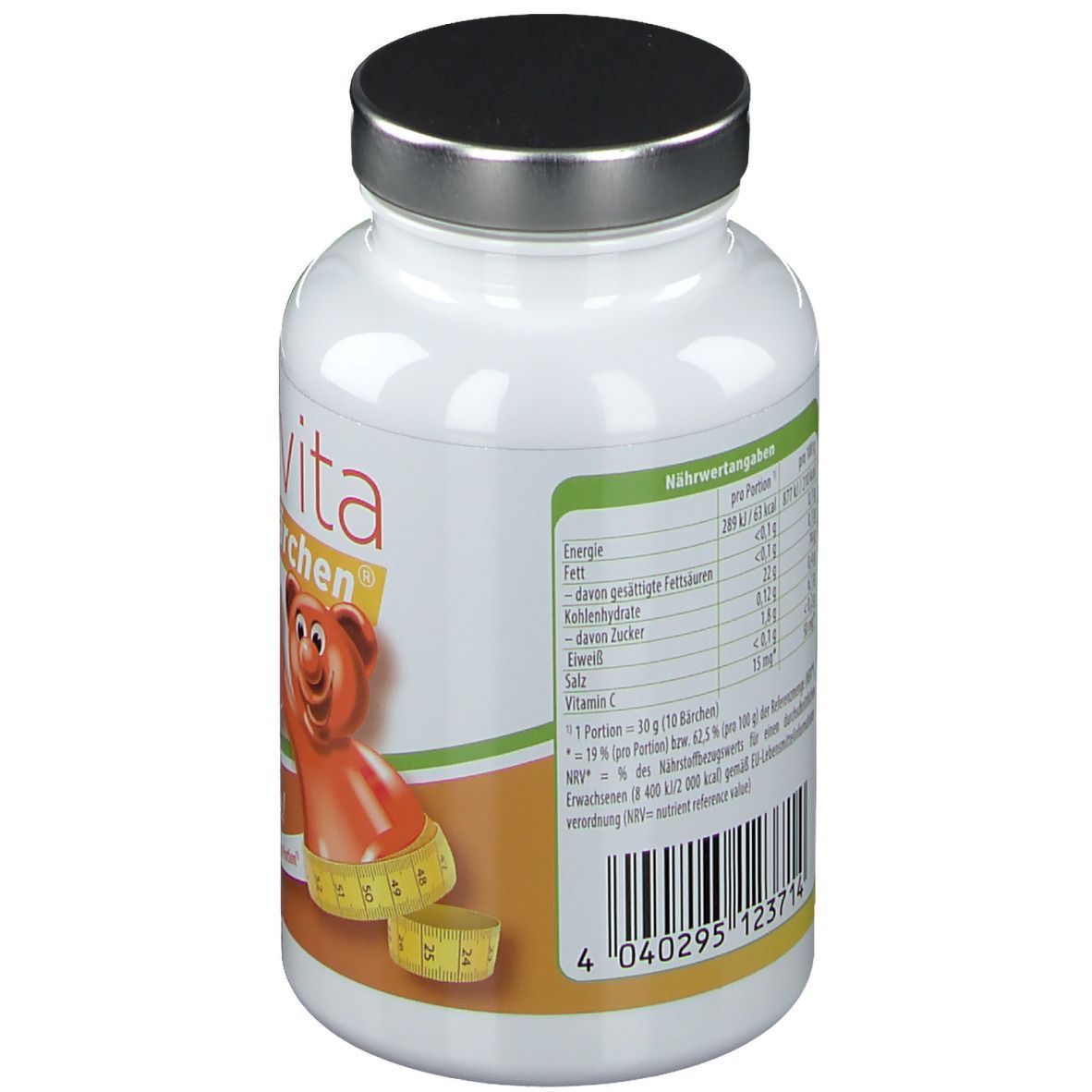 Weiße Flasche mit schwarzem Deckel. Rückseite mit Nährwertangaben und Inhaltsstoffen. Text in deutscher Sprache.