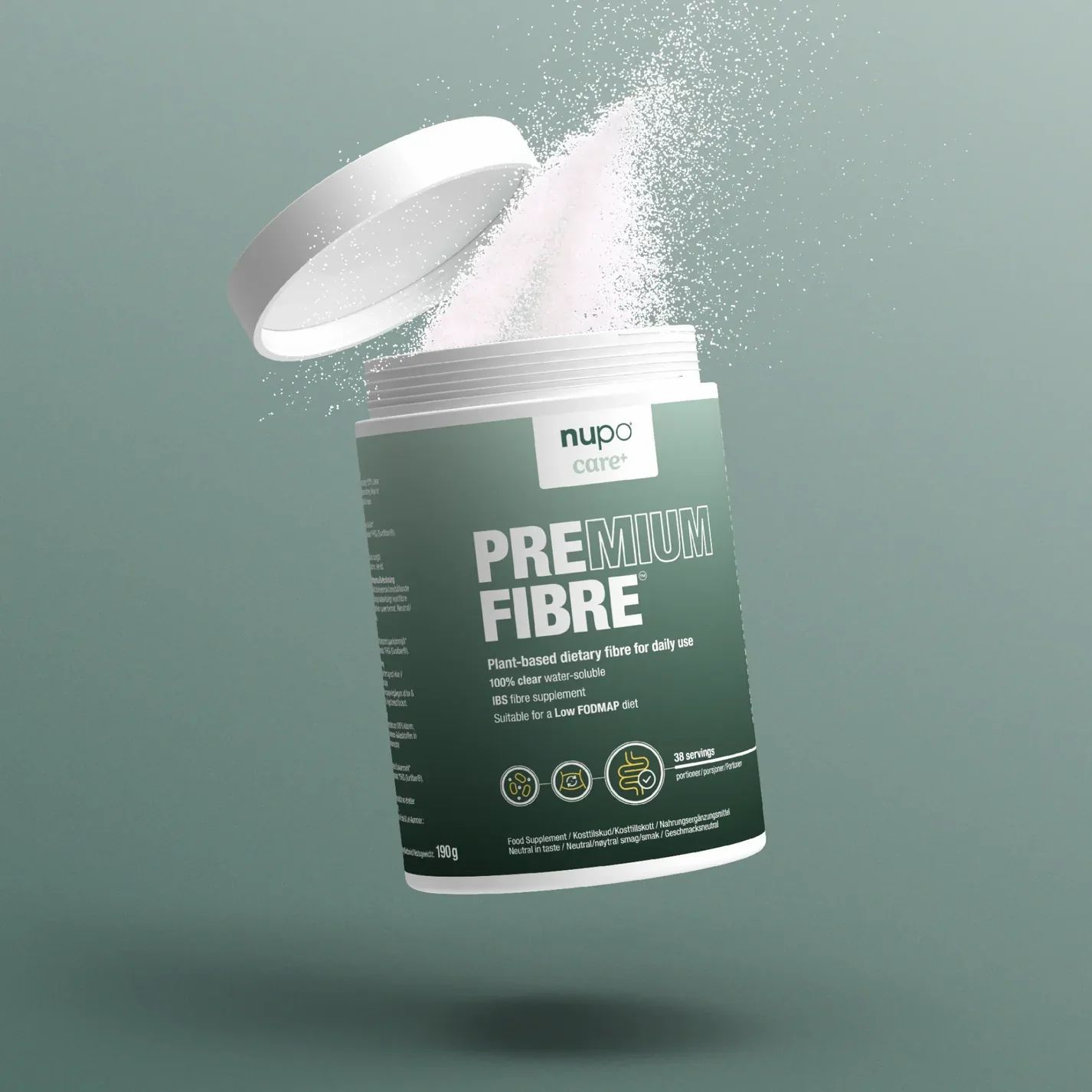 Geöffnete Dose mit Pulver. Dose mit grünem Etikett. Aufschrift: PREMIUM FIBRE. Marke: nupo care. Text: 100% klar wasserlöslich, 30 Portionen.