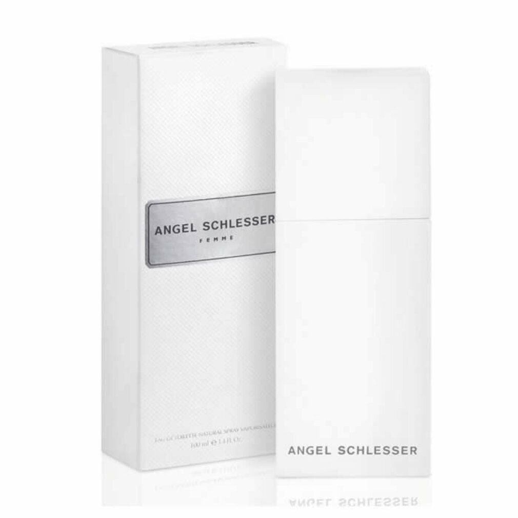 Weißes Eau de Toilette Spray und Verpackung. Aufschrift: Angel Schlesser Femme.
