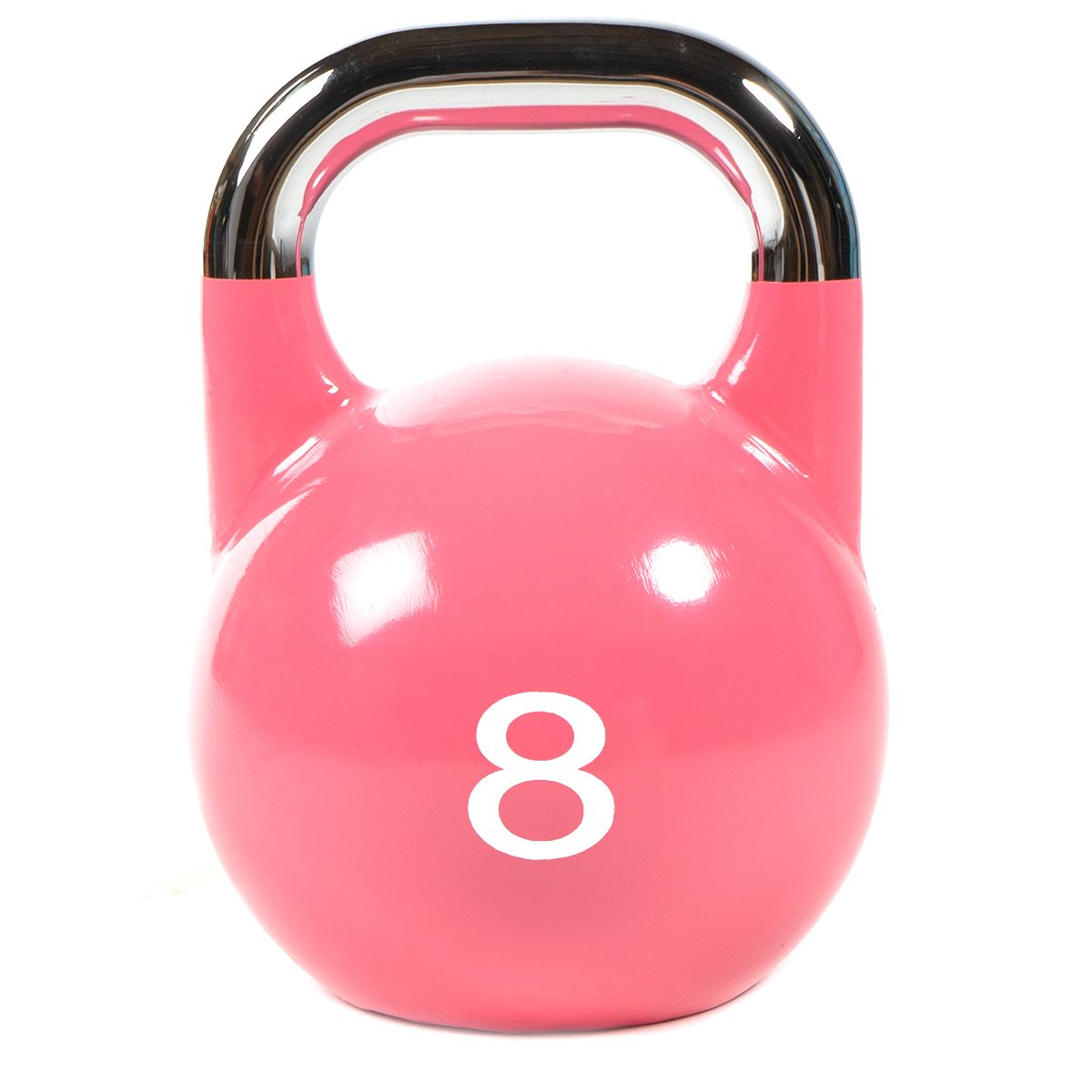 Rosa Kettlebell aus Gusseisen mit verchromtem Griff und weißer Zahl 8.