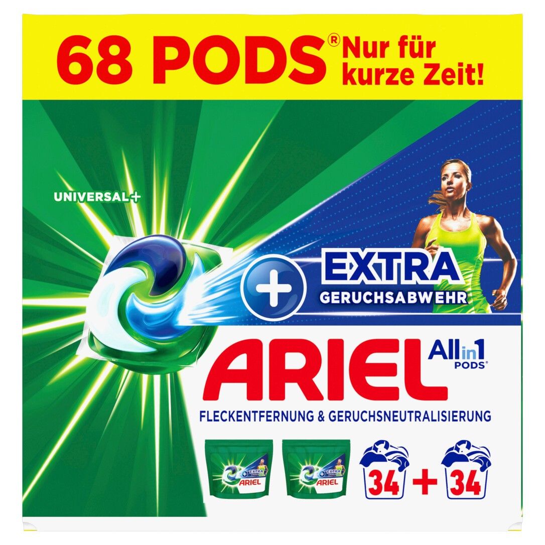 Verpackung mit Ariel All-in-1 Pods. Aufschrift: 68 Pods, Extra Geruchsabwehr, Fleckentfernung & Geruchsneutralisierung. Enthält 2x34 Pods.