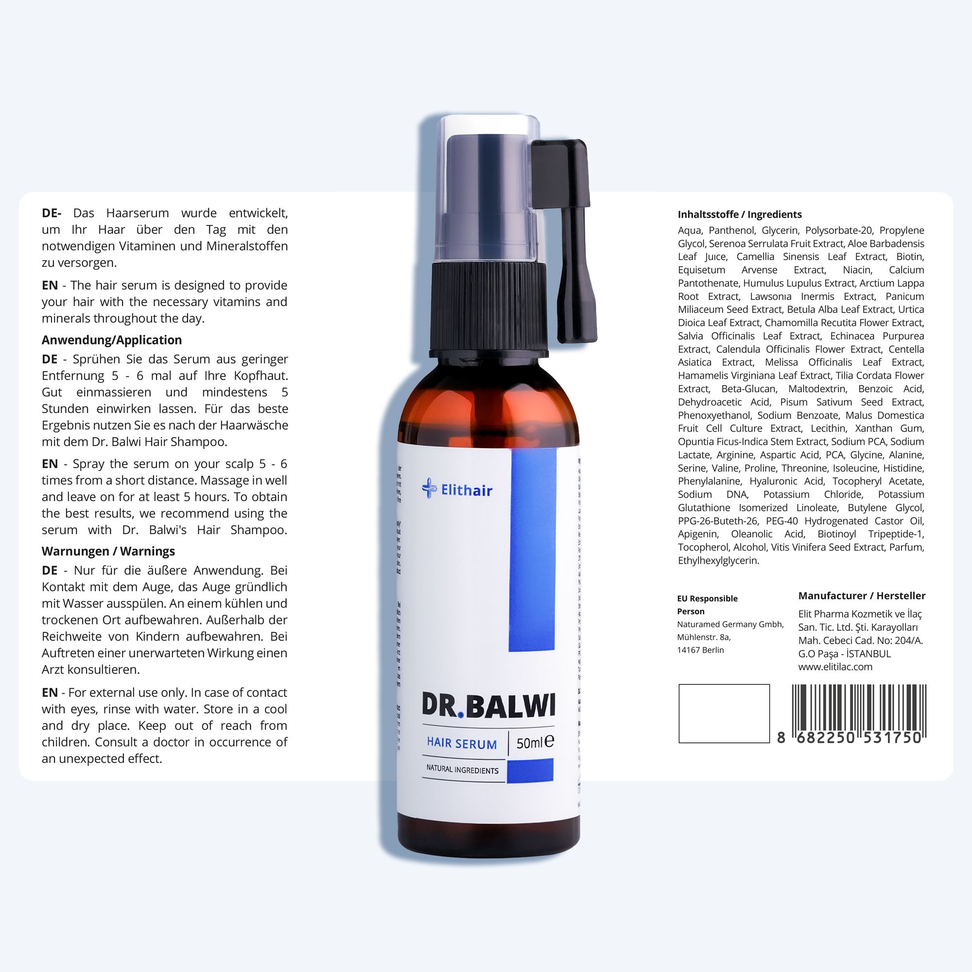 Braune Flasche mit Sprühkopf und Etikett. Aufschrift: DR. BALWI HAIR SERUM. 50ml. Inhaltsstoffe.