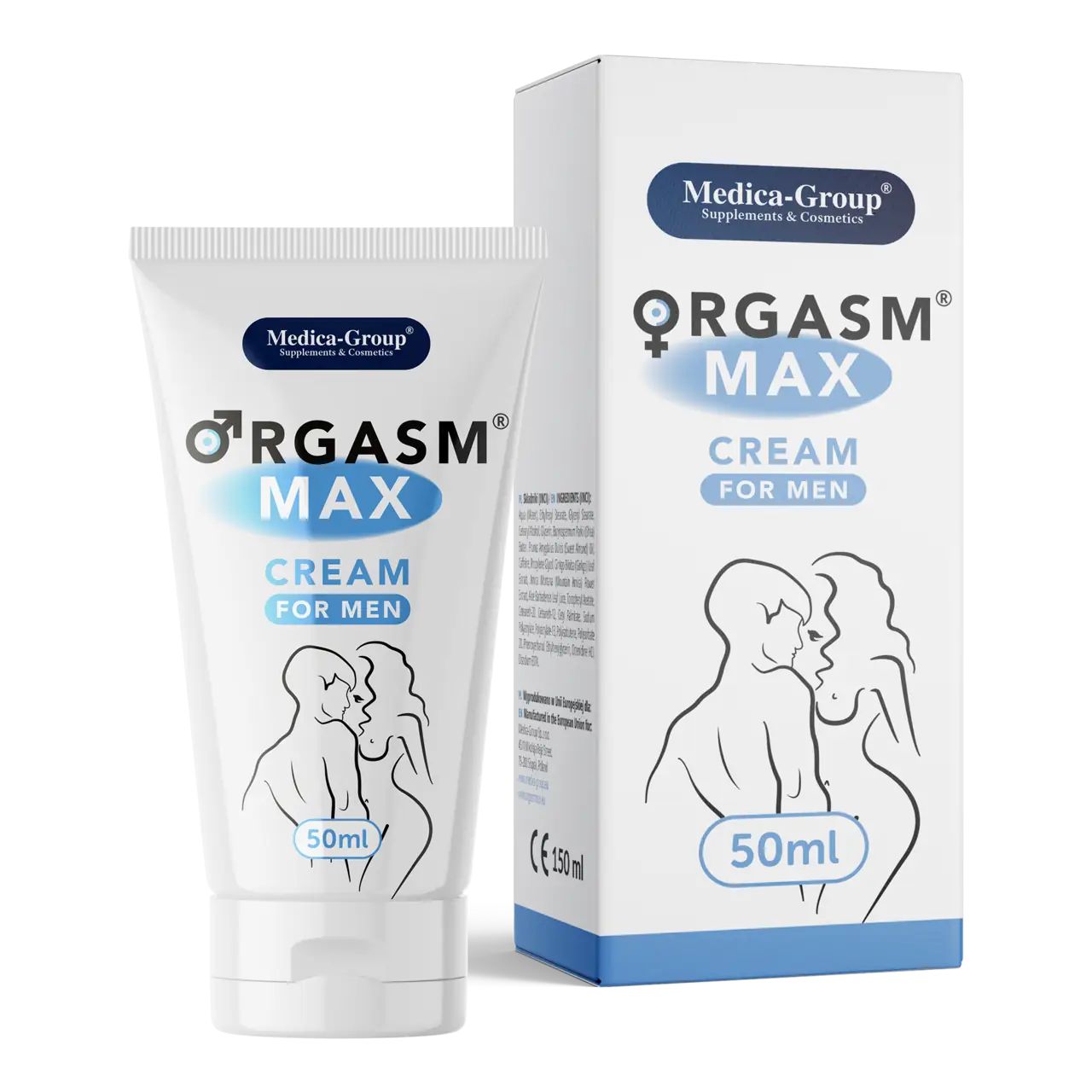 Creme-Tube und -Verpackung. Aufschrift: ORGASM MAX CREAM FOR MEN. Abbildung: Mann und Frau. 50ml. Medica-Group.