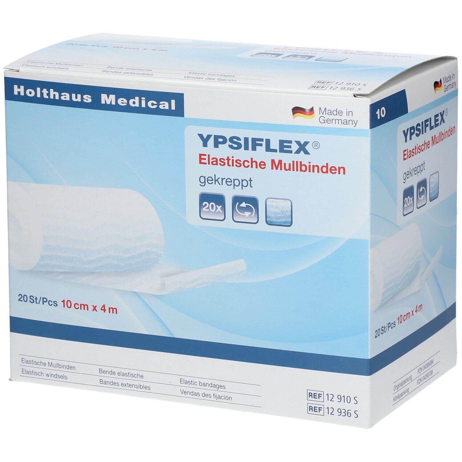 Verpackung von Holthaus Medical YPSIFLEX Mullbinden. 20 Stück, 10 cm x 4 m. Produktname und Logo.