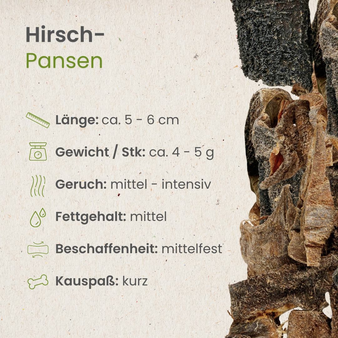 Hirsch-Pansen: 5-6 cm lang, 4-5 g schwer, mittlerer Geruch, mittlerer Fettgehalt.