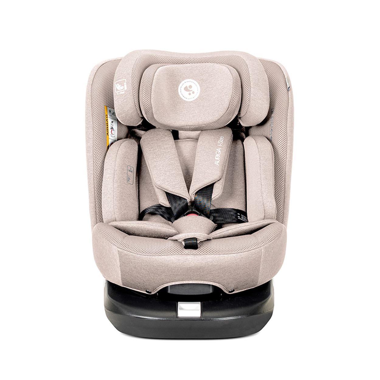 Beiger Kindersitz mit Nackenkissen.