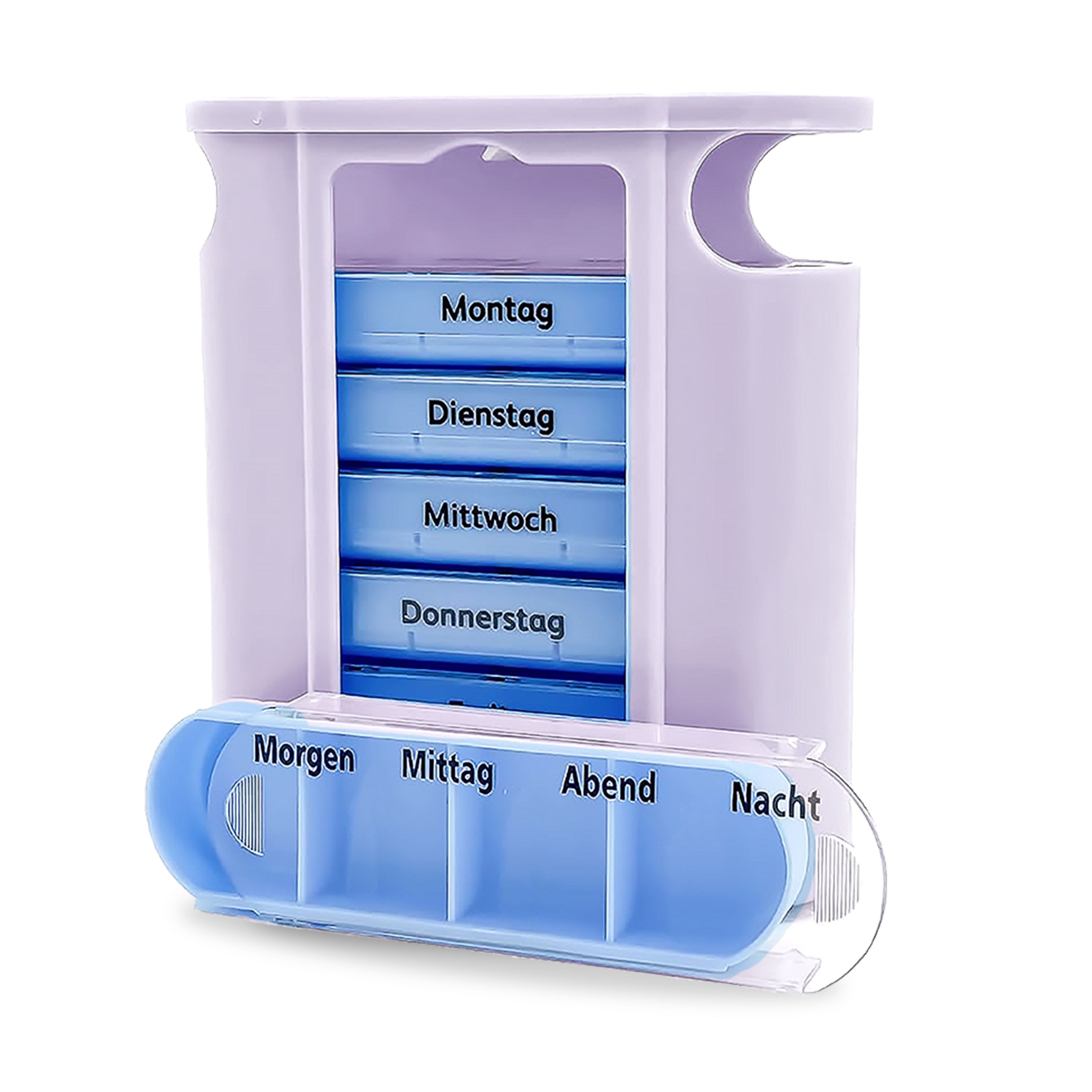 Wochendispenser. Lila Gehäuse mit 7 Tagesfächern und 4 Zeitfächern (Morgen, Mittag, Abend, Nacht). Blaue Tablettenfächer.