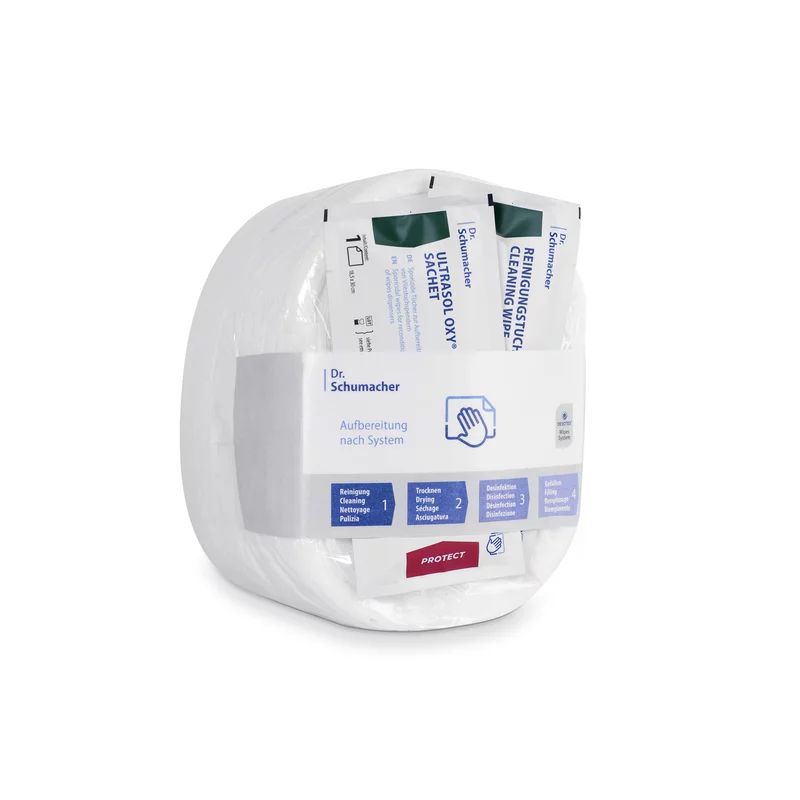 Verpackung mit Reinigungstüchern. Aufdrucke: Dr. Schumacher, Ultrasol Oxy Sachet, Reinigungstuch, Aufbereitung nach System.