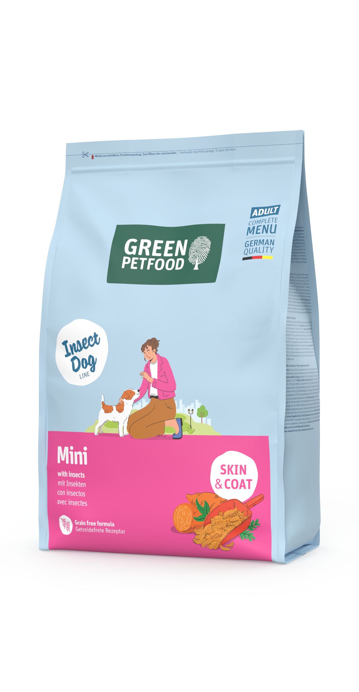 Hundefutter-Sack mit Aufdruck 'Green Petfood Insect Dog Mini'.