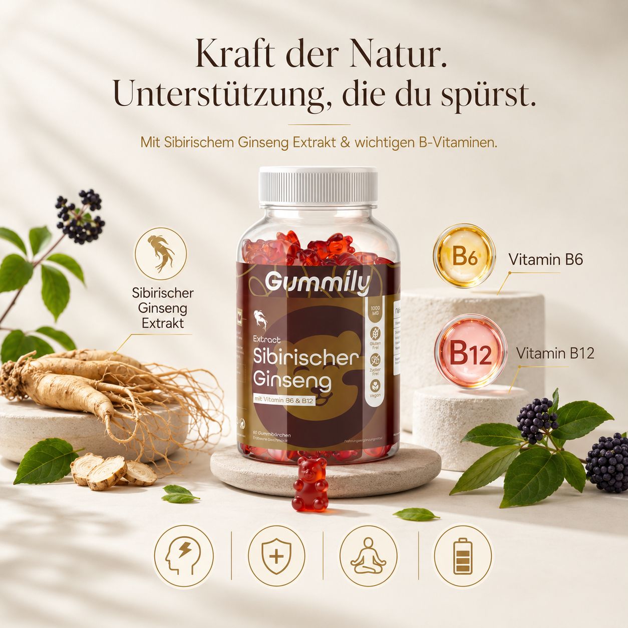 Gummily Sibirischer Ginseng Flasche mit Ginsengwurzeln, Beeren, Vitamin B6 und B12.