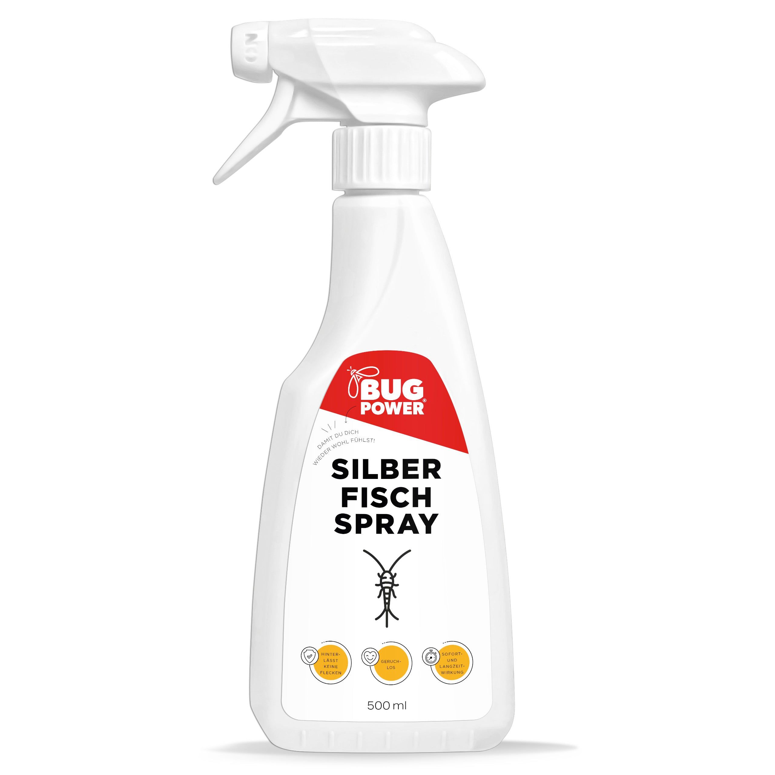 Weiße Sprühflasche mit rotem Logo "Bug Power" und Aufschrift "Silberfisch Spray". 500 ml.