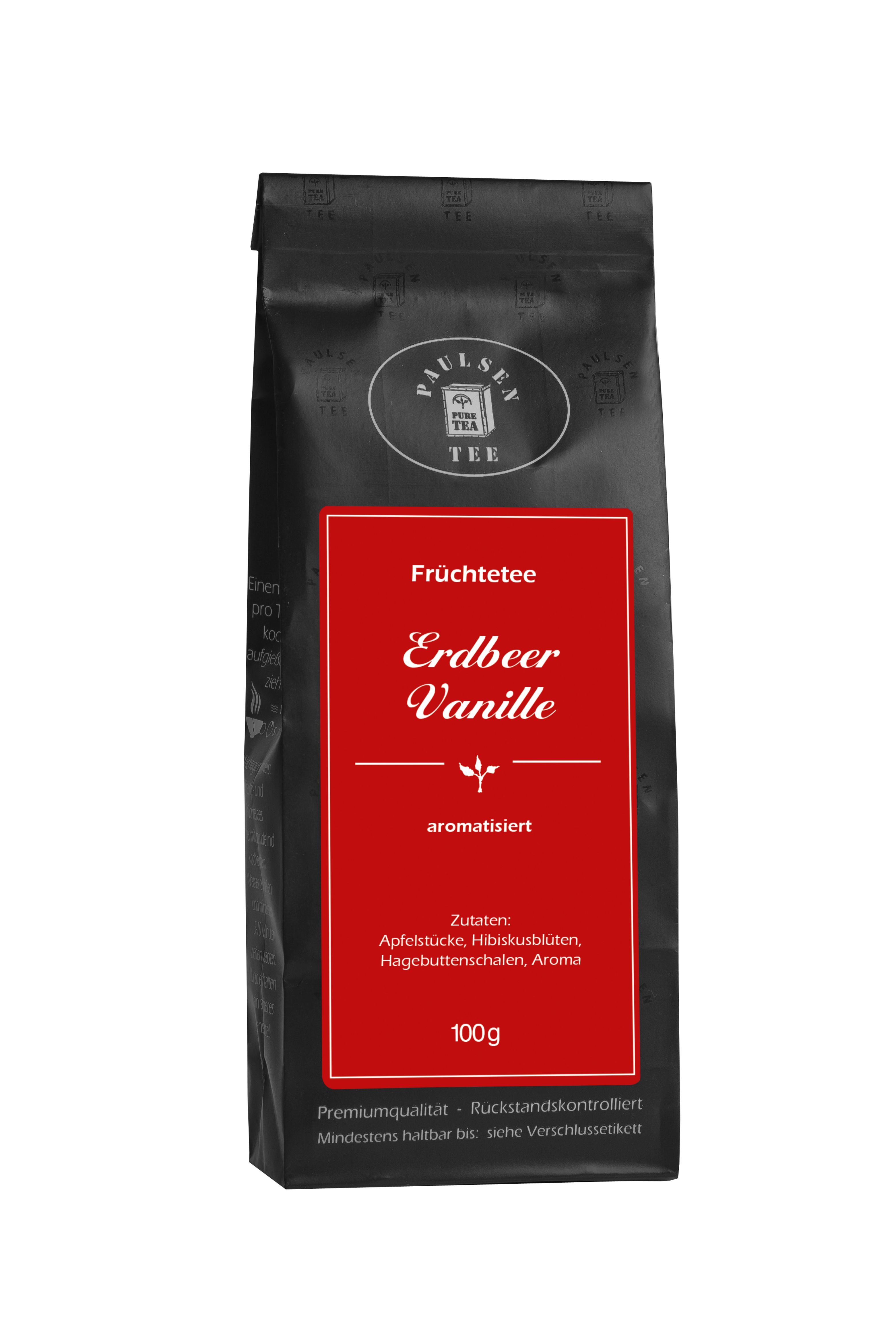 Schwarzer Beutel mit rotem Etikett. Aufschrift: Erdbeer Vanille Früchtetee, Paulsen Tee. Zutatenliste und 100g.