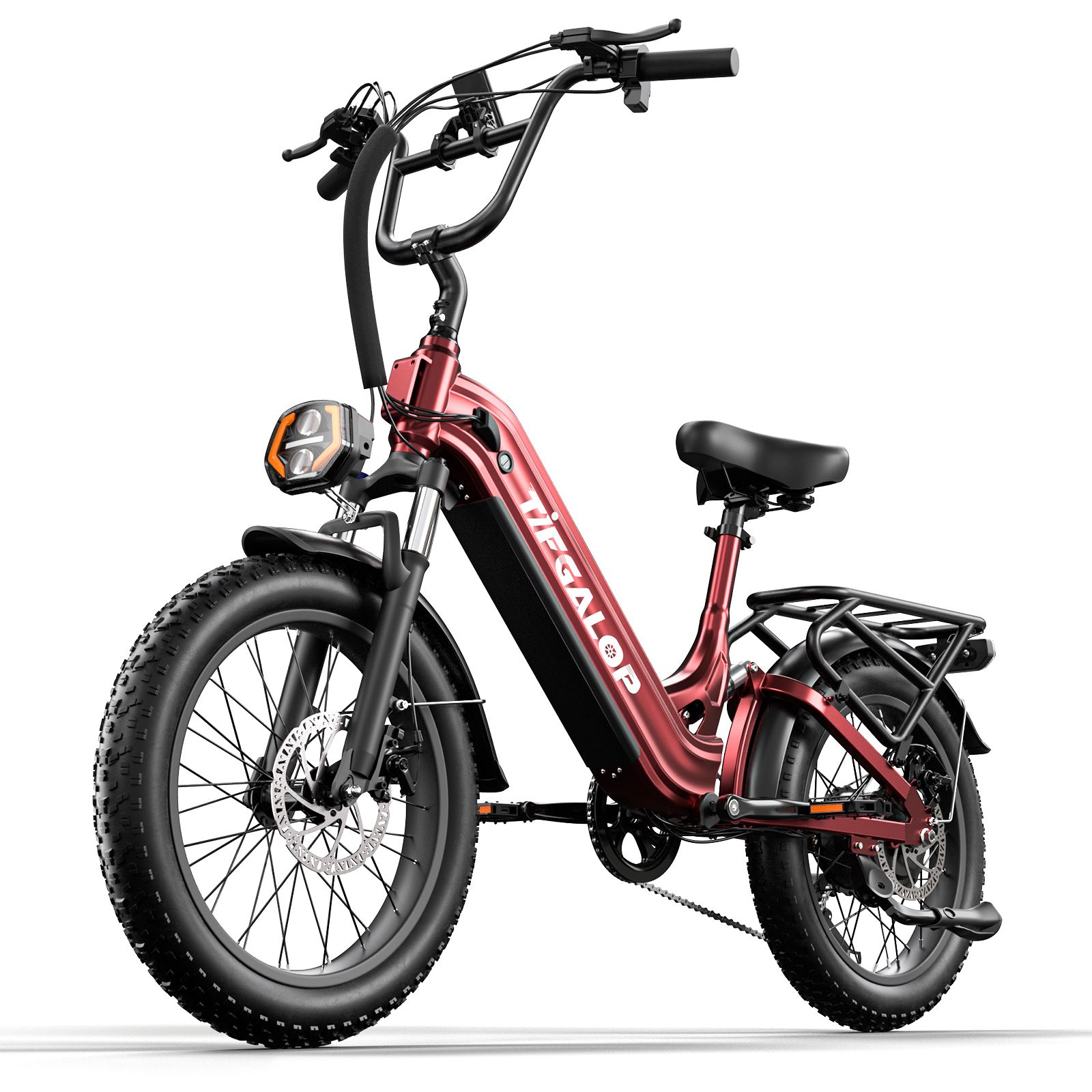 Rotes E-Bike mit schwarzen Elementen. Breitreifen, Gepäckträger, Scheinwerfer und Lenker. Marke TIFGALOP.
