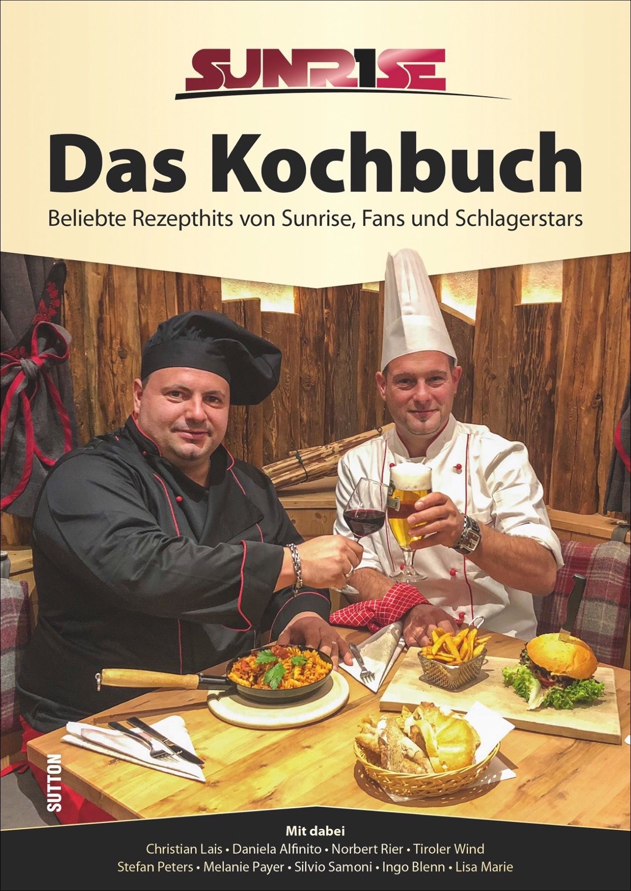 Kochbuch mit dem Titel "Das Kochbuch". Auf dem Cover sind zwei Köche abgebildet, die auf ein Essen anstoßen.