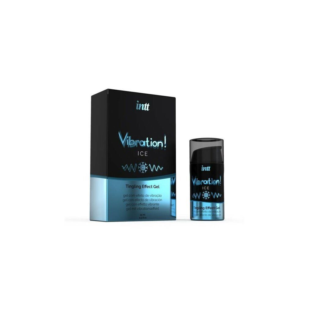 Produktverpackung mit INTT Vibration! ICE Gel. Schwarze Schachtel und Flasche. Blaue Akzente und Beschriftung.