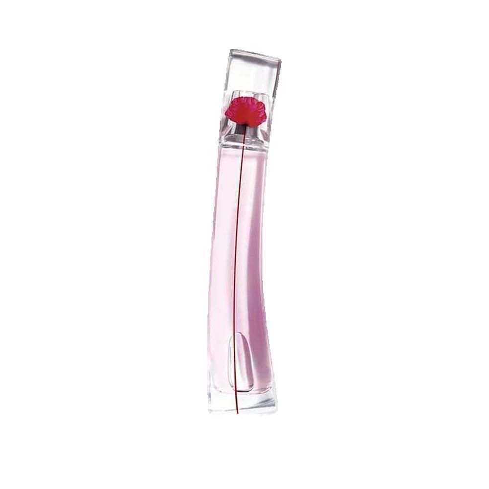 Parfümflakon mit roter Blume. Glasflakon mit rosa Flüssigkeit. Rote Blume am Flakondeckel. Schlanke, geschwungene Form.
