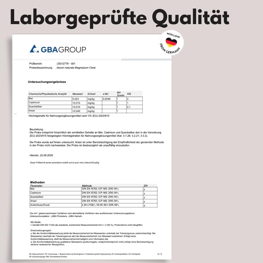 Laborbericht von GBA GROUP für Bloom Naturals Magnesium Citrat. Bestätigt "Laborggeprüfte Qualität" und "Made in Germany".