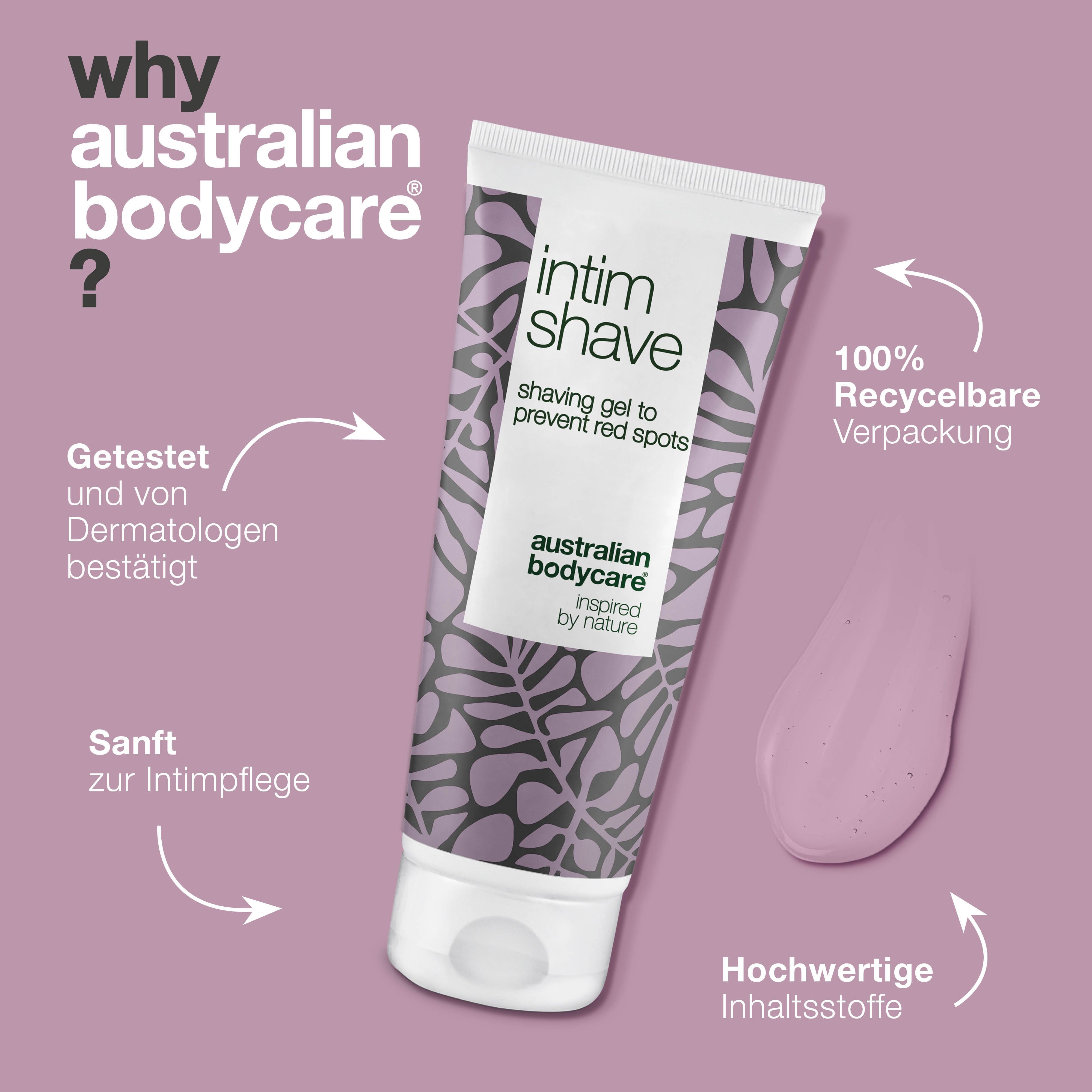 Intim Shave Rasiergel, Text: Australian Bodycare, warum? Text und Pfeile. Pinke Tropfen.