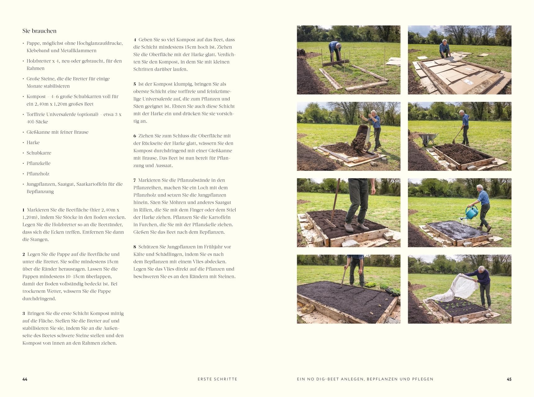 Buchseite: Fotoreihe zur Gartenpflege. Text in deutscher Sprache. Anleitung zur Gartenpflege.