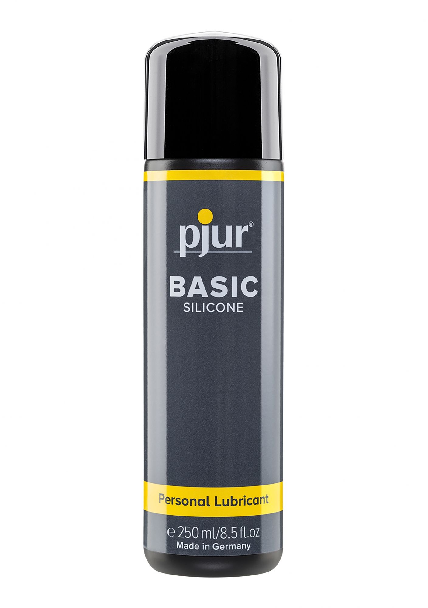 Zylindrische Flasche mit schwarzem Deckel. Aufschrift: pjur, BASIC, SILICONE. Gelber Streifen mit "Personal Lubricant".