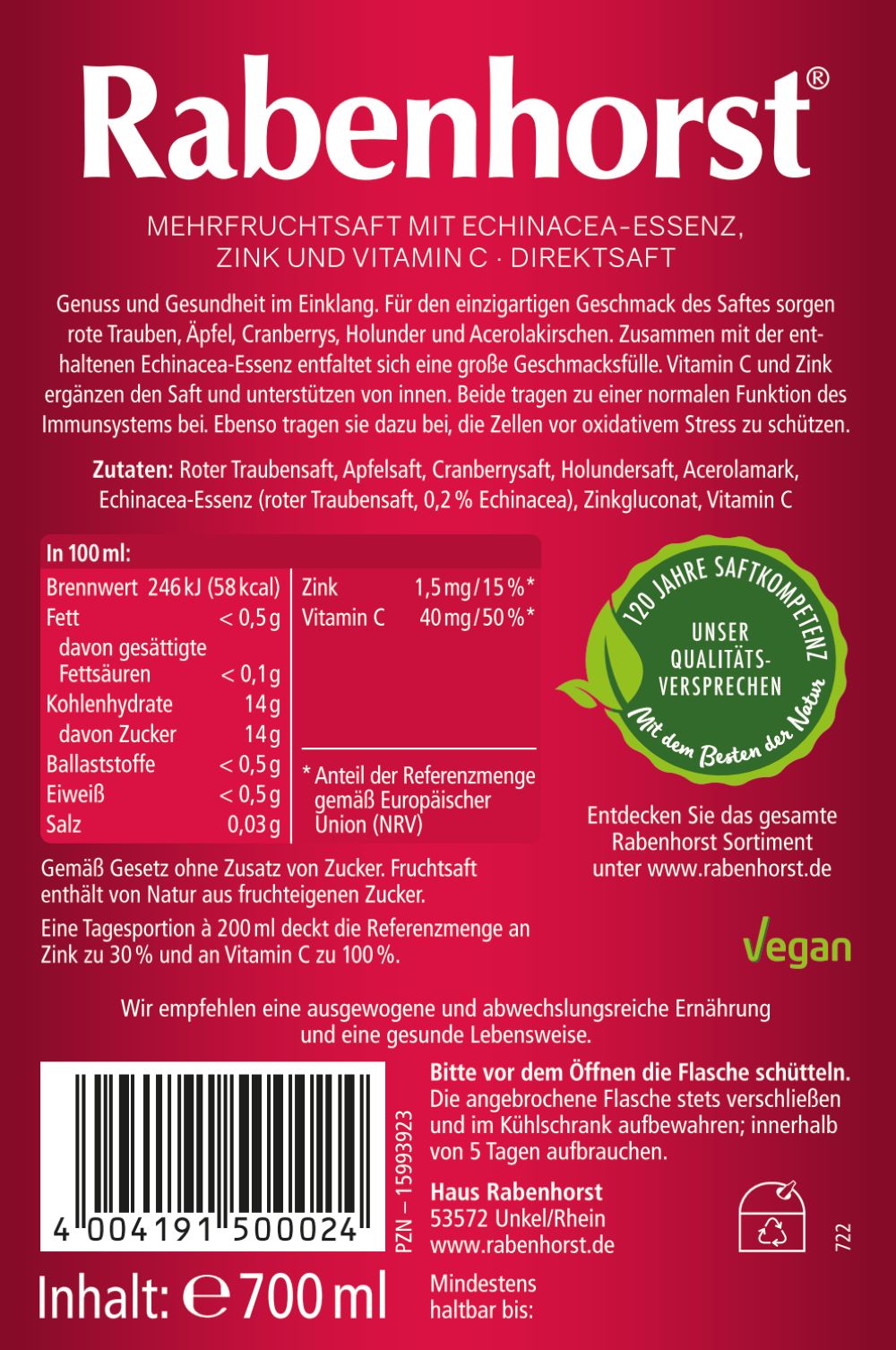 Rabenhorst Schützen mit Zink 6x700 ml Saft