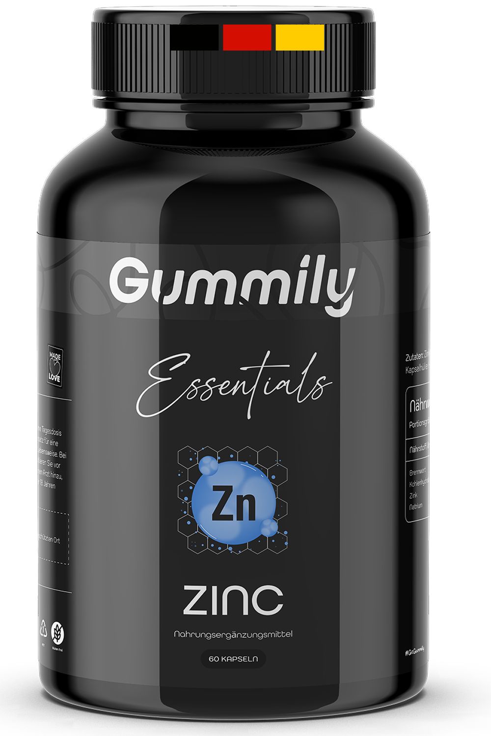 Schwarze Flasche mit Gummily Essentials Zink Kapseln. Deckel mit Deutschlandflagge. Aufschrift: Zink, 60 Kapseln.