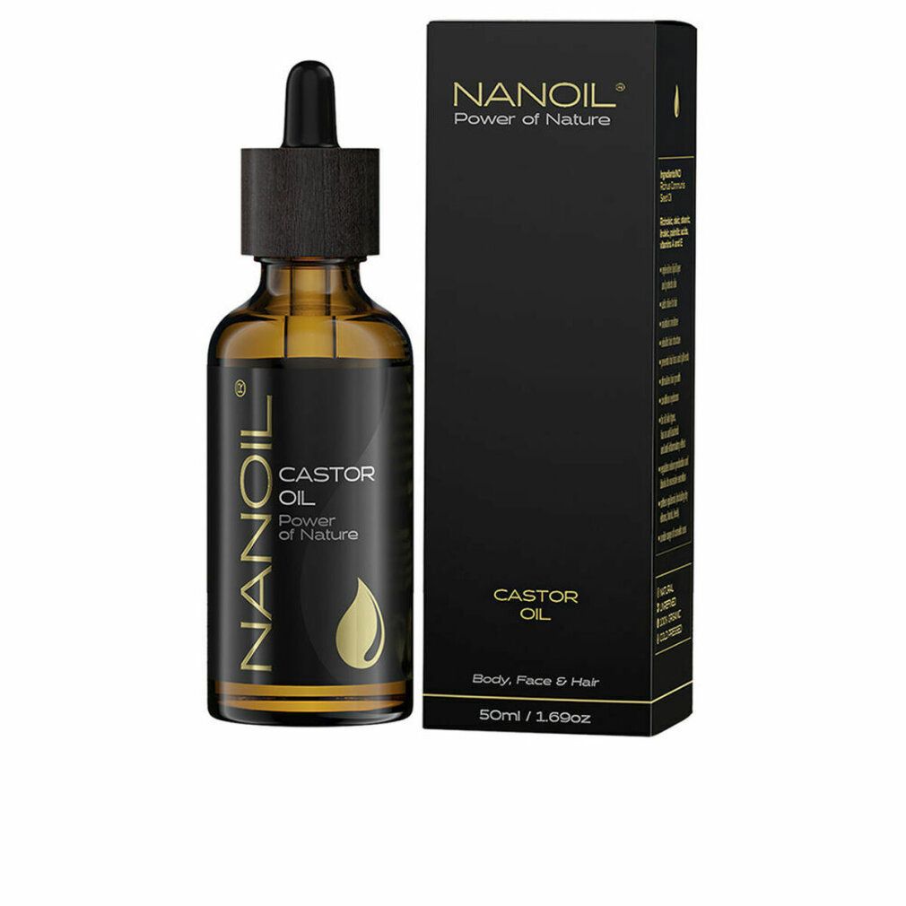 Braune Glasflasche mit Holzdeckel und schwarzer Verpackung. Aufschrift: Nanoil Castor Oil. Tropfen-Symbol. Schwarze Box mit Produktinformationen.