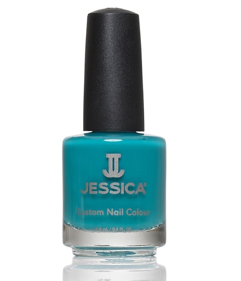 Türkisfarbener Nagellackflakon mit schwarzem Deckel. Aufschrift: JESSICA Custom Nail Colour.