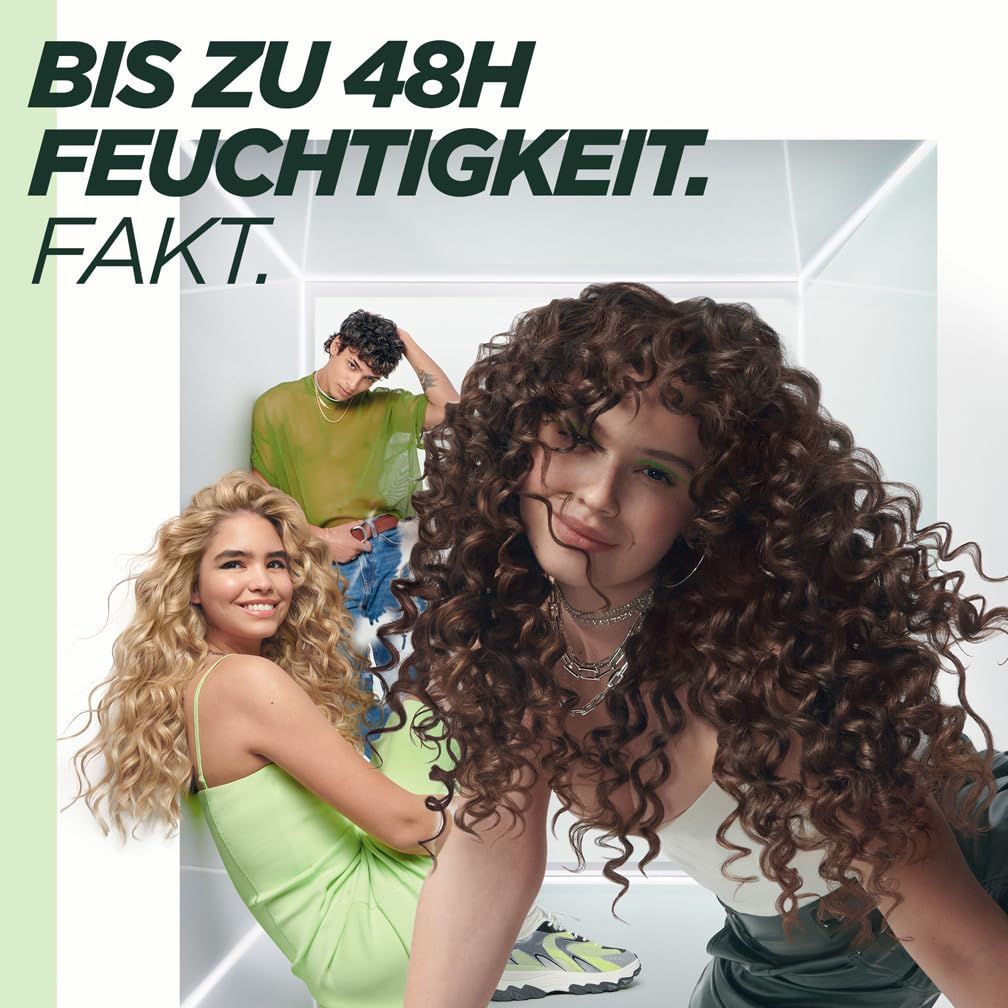 Drei Personen mit lockigem Haar. Text: Bis zu 48h Feuchtigkeit. Fakt.
