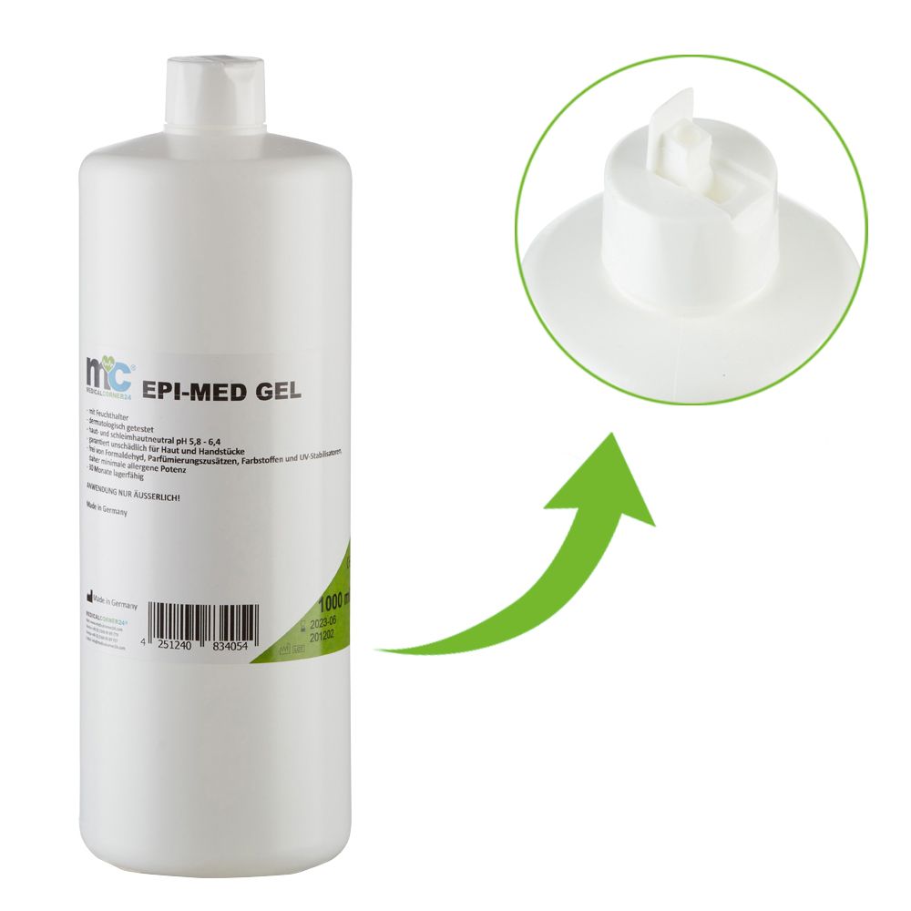 Weiße 1000ml Flasche EPI-MED GEL mit Detailansicht des Klappdeckels.